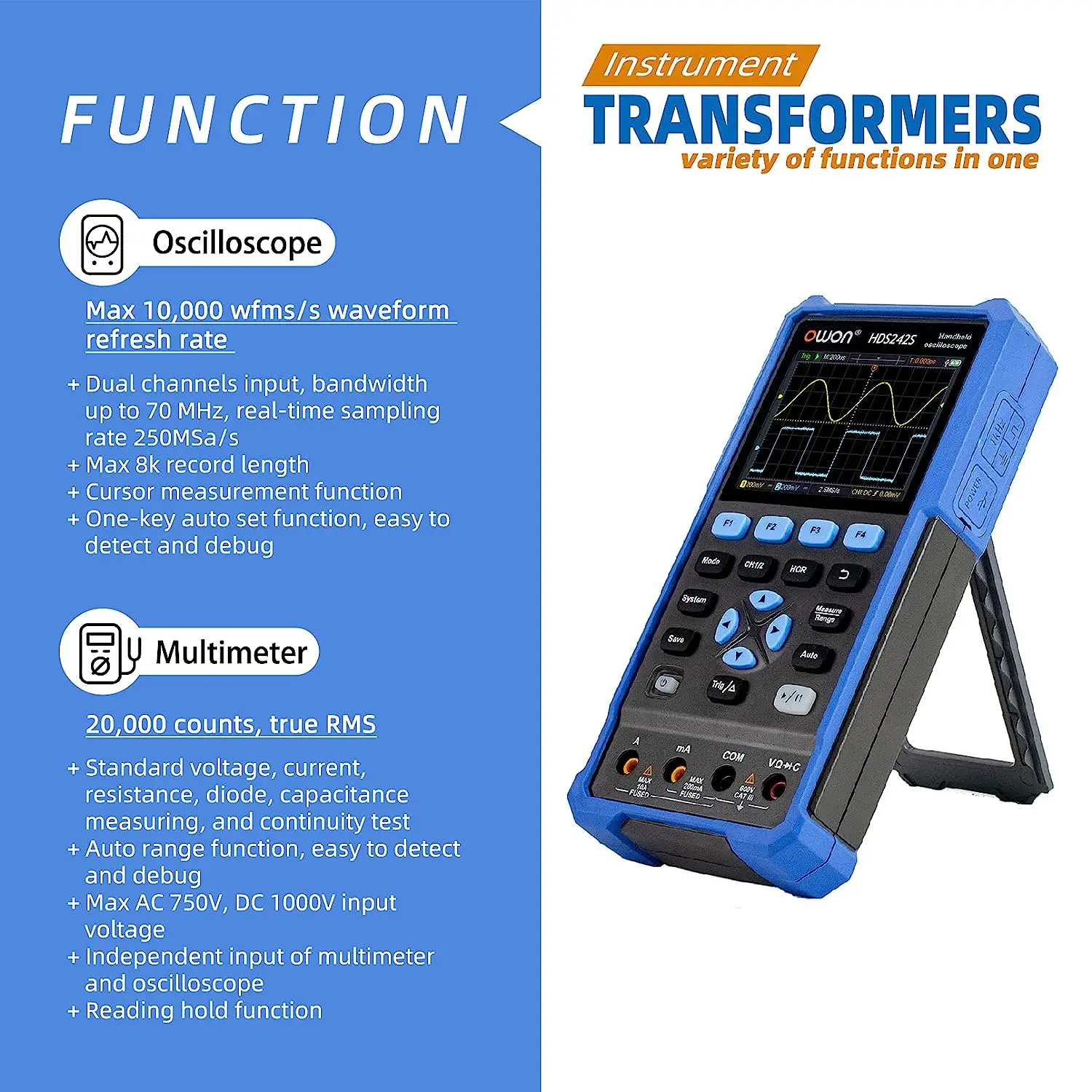 OWON HDS242 /HDS272/ HDS242S / HDS272S Handheld Digital Oscilloscope 2 Channels with 70MHz Bandwidth Digital True-RMS Multimeter