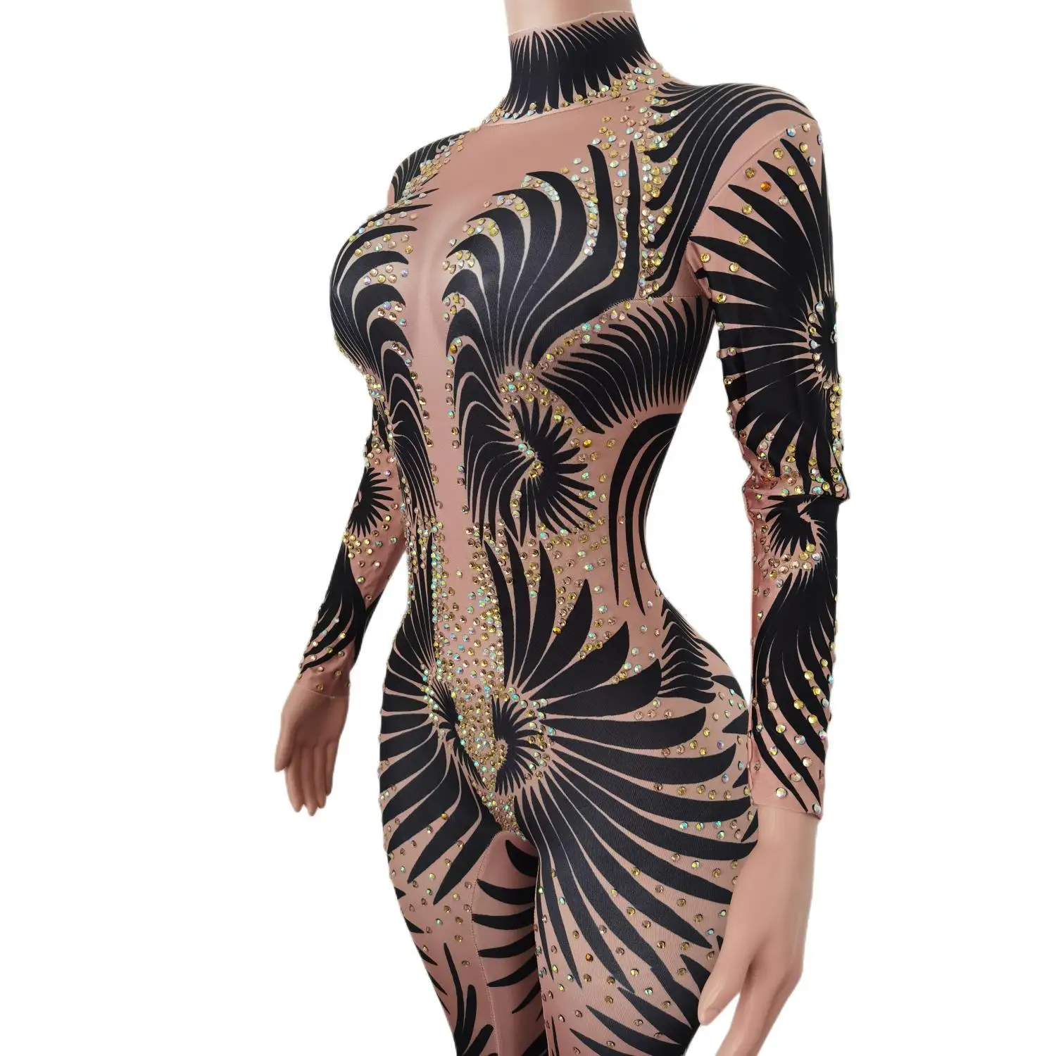 Sparkly Stone Feather Print Jumpsuit Women Sexy Birthday Party Bodysuit Prom Dresses Pole Dancer Performance Costume Feibiao