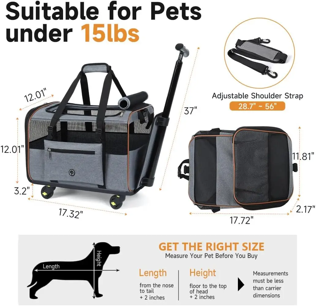 Rolling Cat Carrier with Wheels, Gray Pet Travel Carrier with Storage Bag and Can Foldable