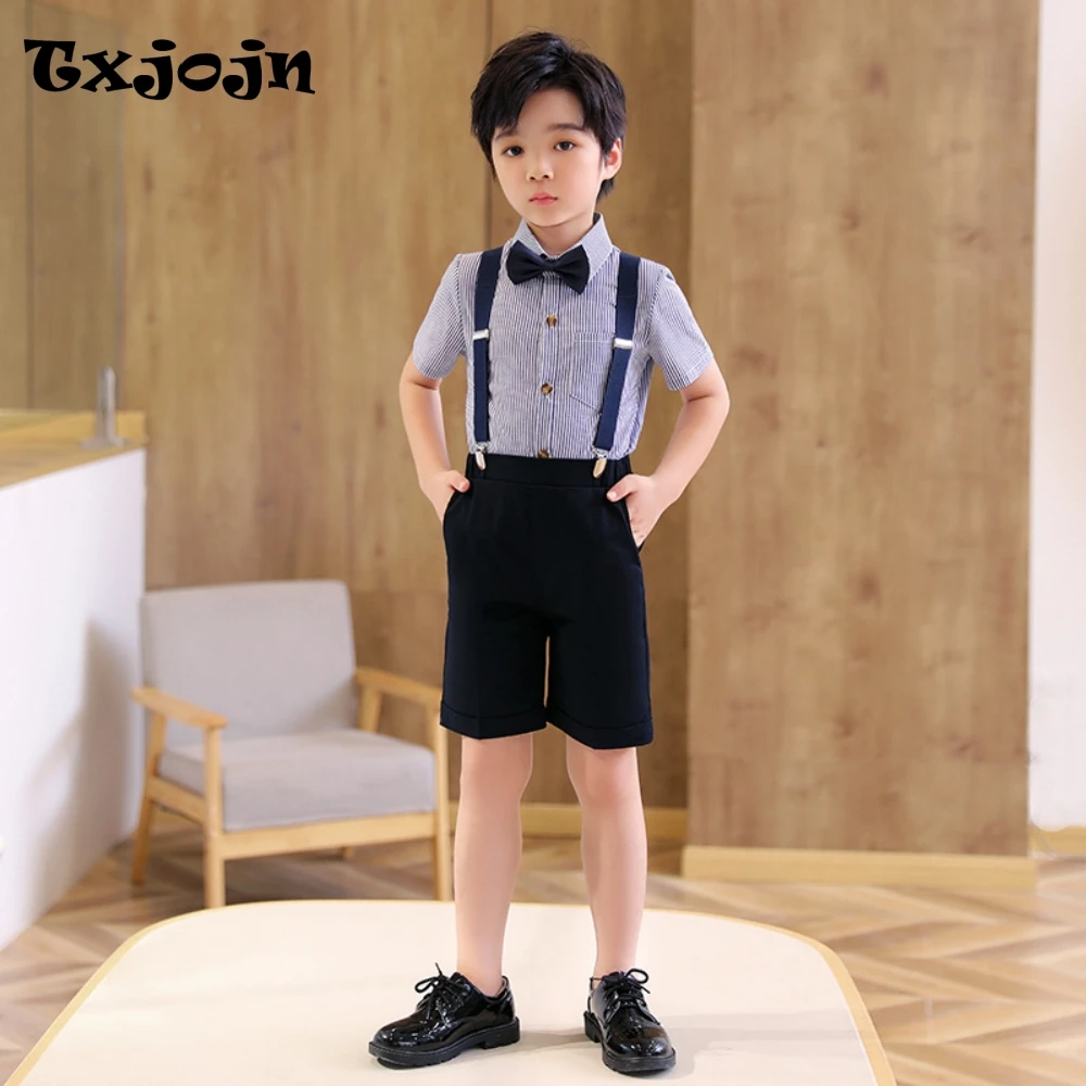 

Hot Sale Kids Overalls Sets 4 Pieces Striped Shirt Jumpsuit Bow-tie Ring Bearer Outfit Comfortable Boys Clothes Birthday Party