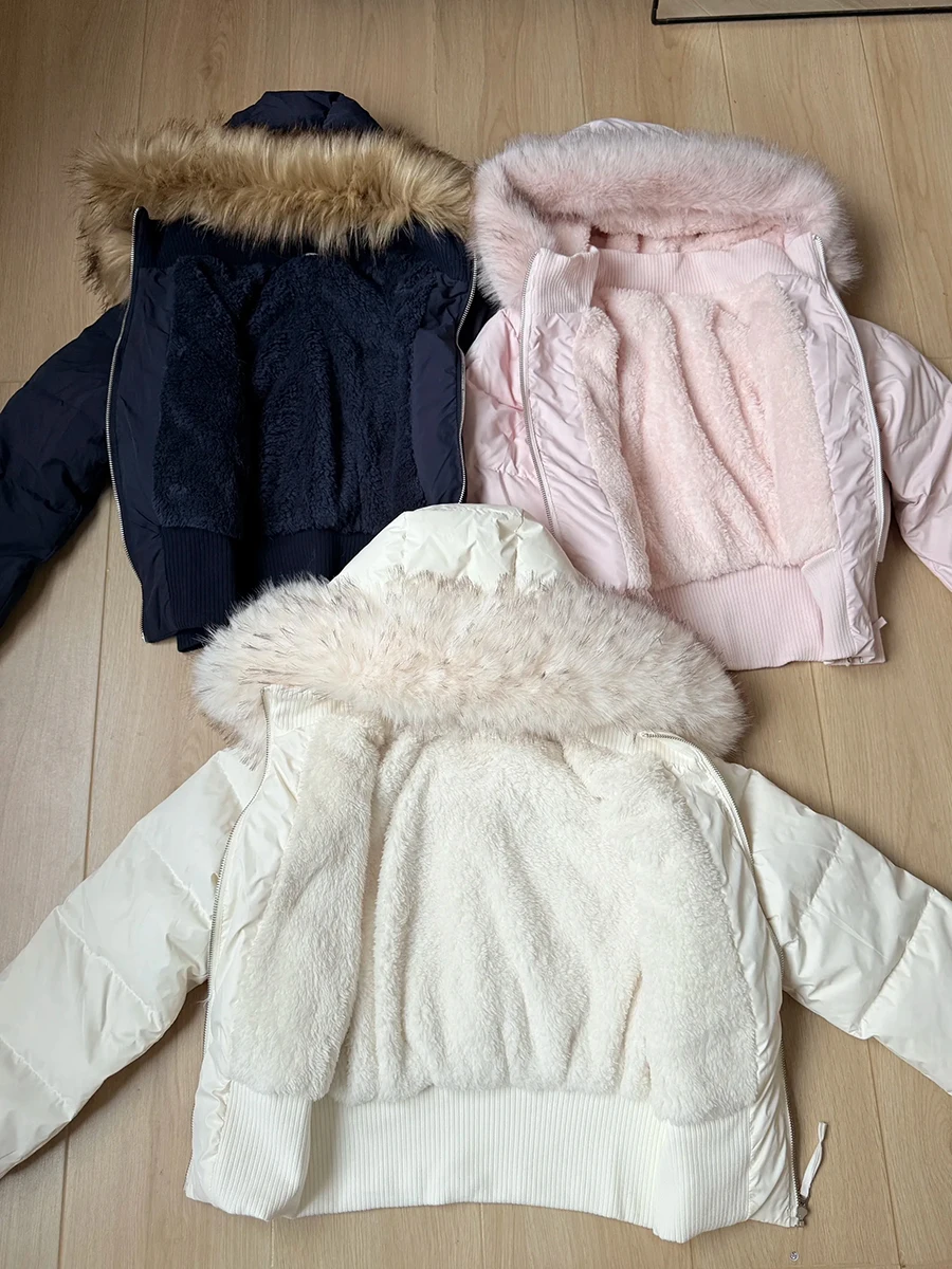 

Sweet Pink Fur Collar Detachable Hooded Cotton Jacket for Women Winter Slim Fit Versatile American Warm Cotton Coat Y2K Tops New