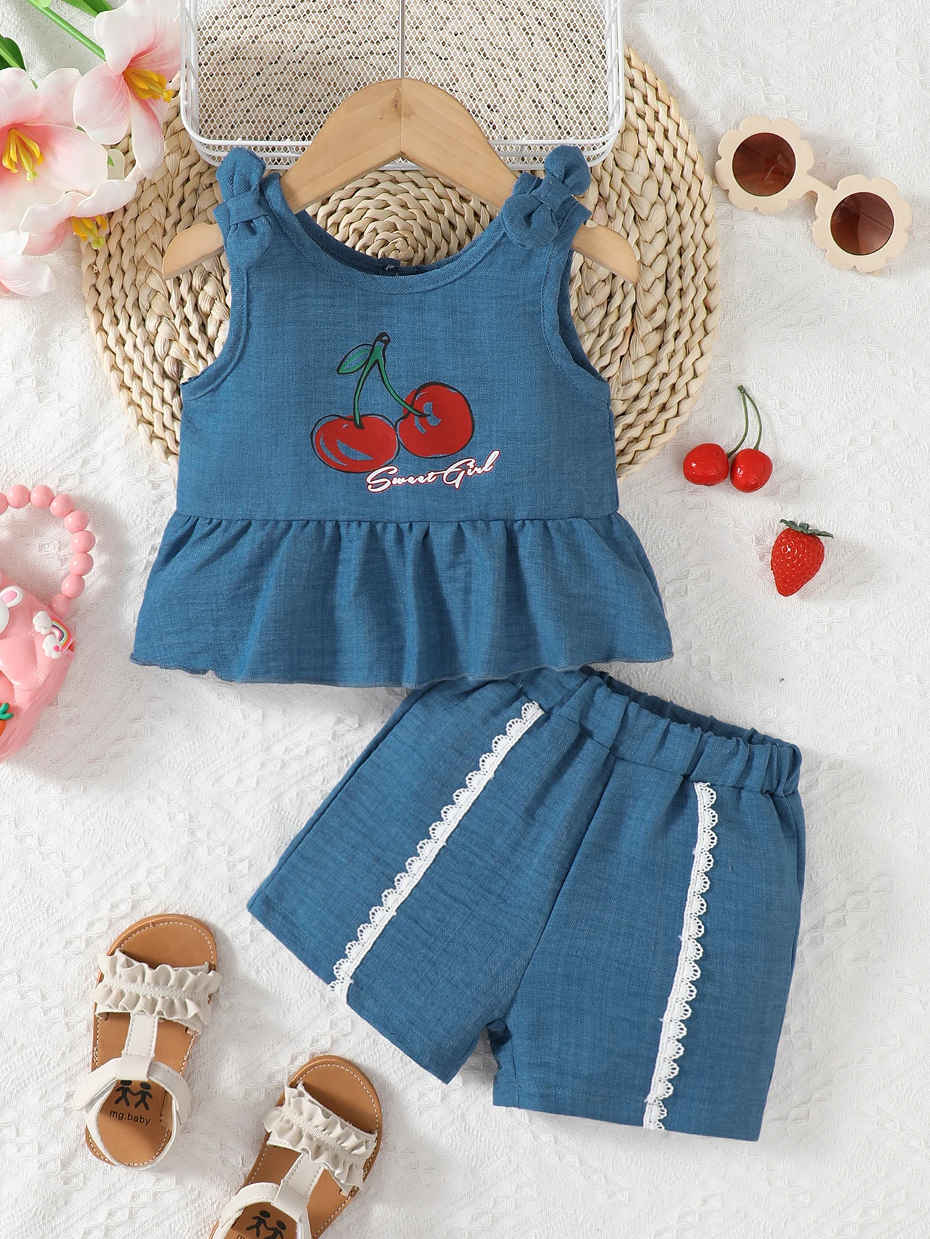 

Fashion Summer Baby Girl 2PCS Outfit Cherry Print Sleevlesse Top + Lace Trim Denim Style Shorts for 0-3Y Newborn Casual Clothes
