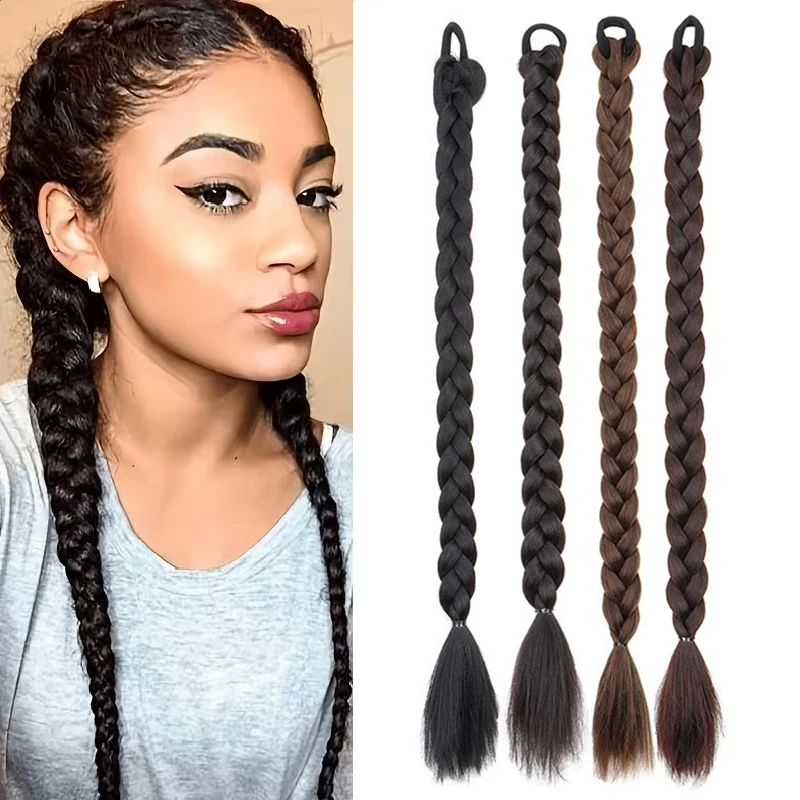 24Inch Synthetic Long Straight Boxing Braid Ponytail Hair Extensions for Women Elastic Rubber Band Hair Ties Hair Accessories