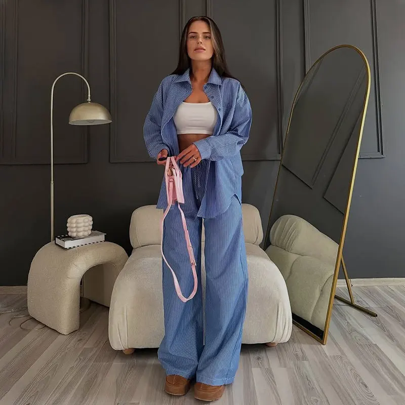 Mode Lose Denim Blau Übergroßen Set Frauen 2 Stück Casual Langarm Taste Hemd Breite Hosen Zwei Stücke Hosen Outfit