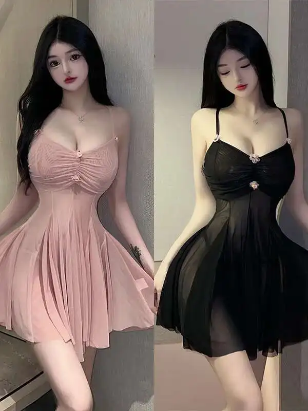 WOMENGAGA – Mini robe en maille et dentelle transparente, à fleurs, Sexy, petite poitrine suspendue, élégante, nouvelle collection 20224, douce 2D18