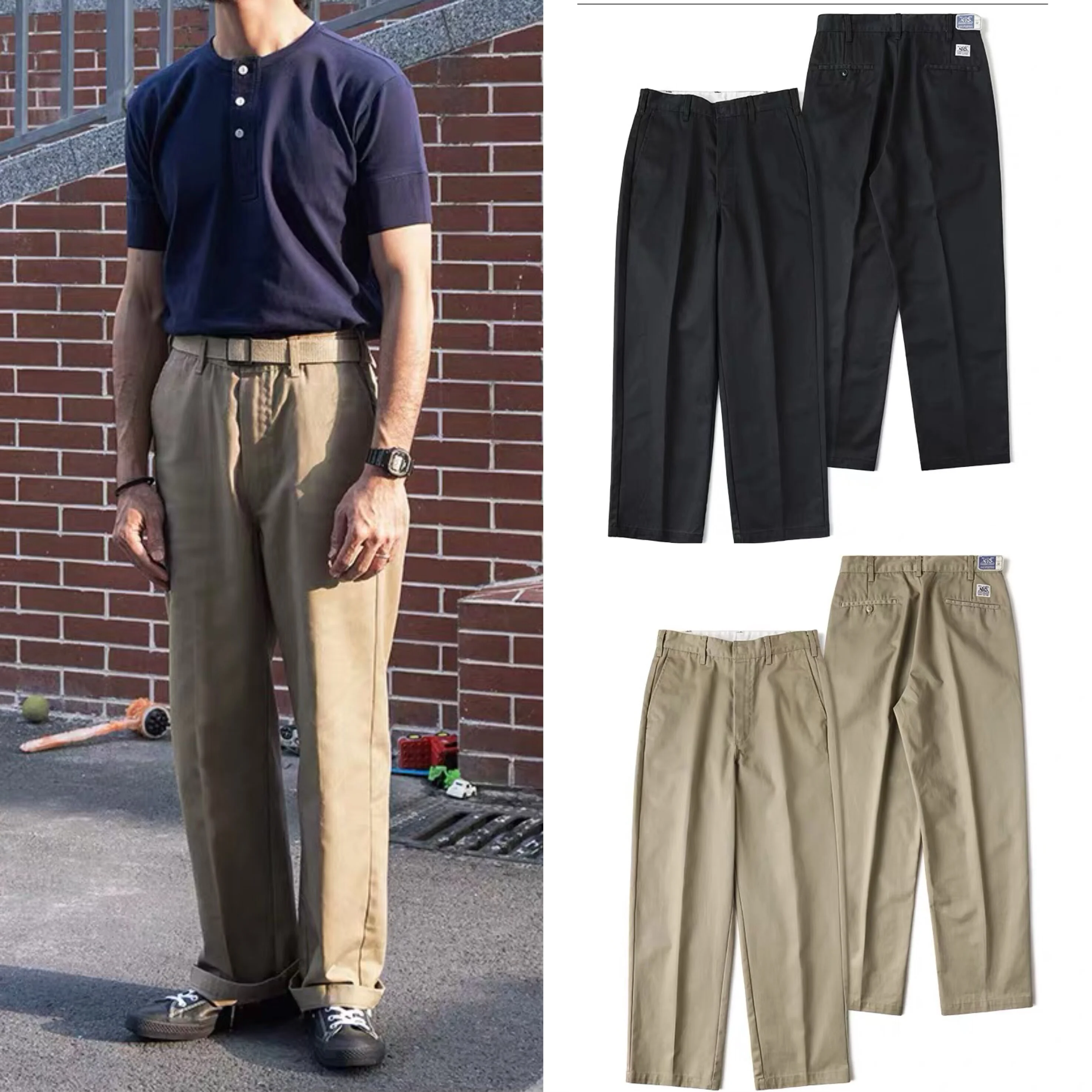 

Ретро-японские брюки из смесового полиэстера и хлопка с высокой талией, прямые, в рабочем стиле, повседневные, немнущиеся, широкие, цвета хаки