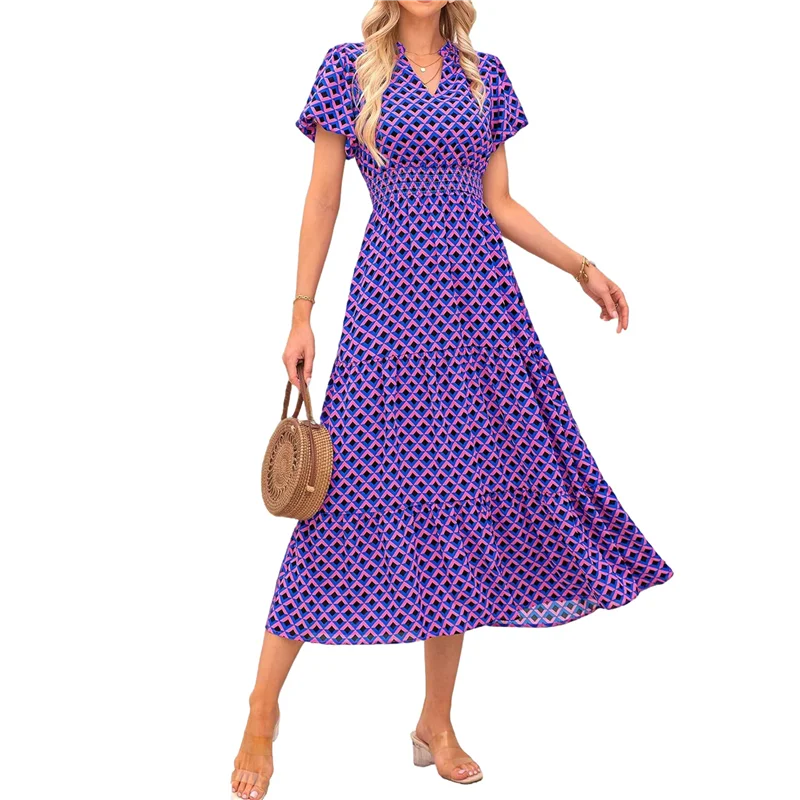 【SEE】Letnie sukienki maxi dla kobiet 2025 Casual V Neck Puff Short Sleeve Smocked Flowy Beach Boho Long Floral Dress