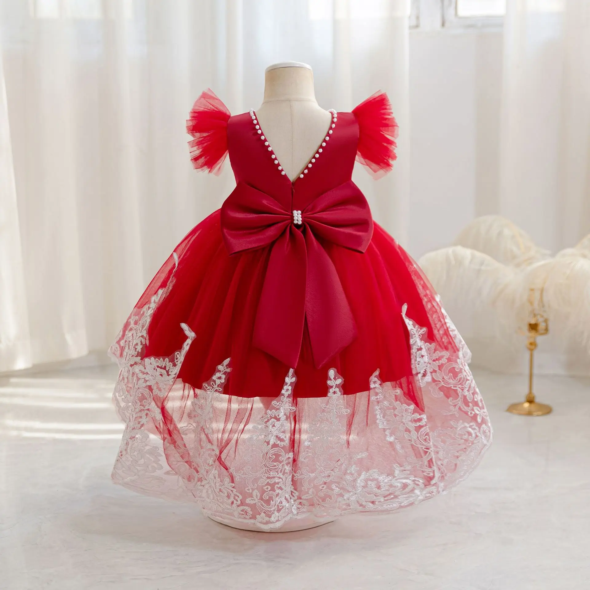 HETISO Elegant Kids Party Dresses Children Beading Tulle Bridesmaid Flower Gown Girls Birthday Wedding Prom