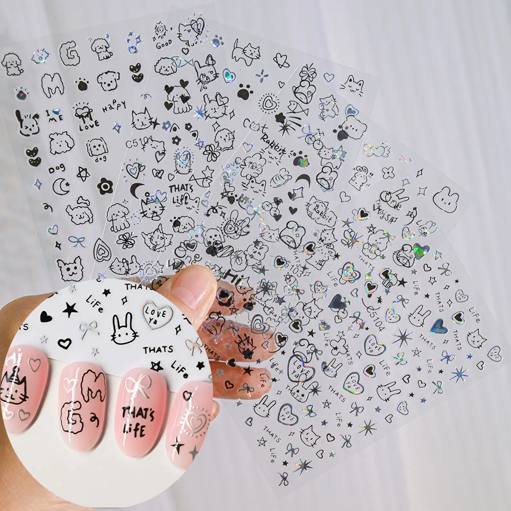 4pcs/Set Laser Silver 3D Cartoon Cute Cat Nail Stickers Kawaii Puppy Dog Graffiti Animals Nail Art Stickers Manicure Decal #G6