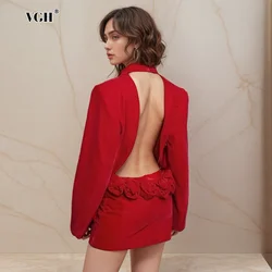 VGH Temperament Patchwork Appliques Blazers For Women Notched Collar Long Sleeve Backless Soild Elegant Blazer Female New Style