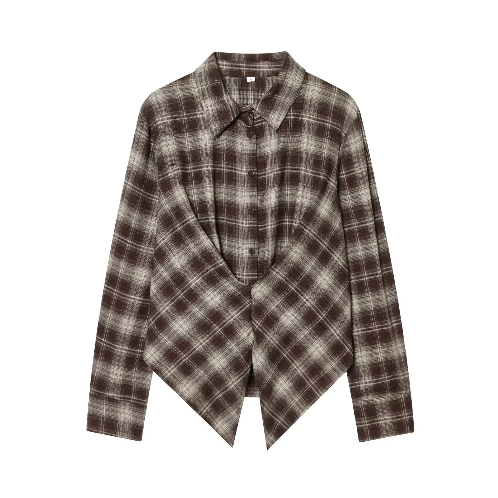 

Women's Plaid Ruffled Long-Sleeve Casual Shirt with Side Slit Hem RXCS