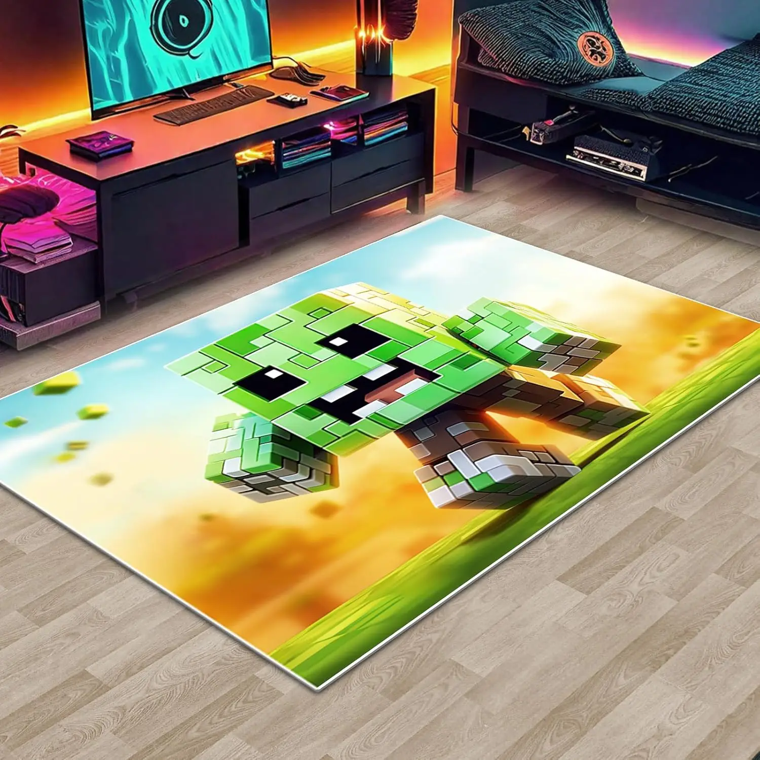 

Teen Boys Carpet with Pixel Games Decoration Mat, Green Man Cube Block Game Rugs for Boy’s Bedroom Living Room Playroom,Non-Slip