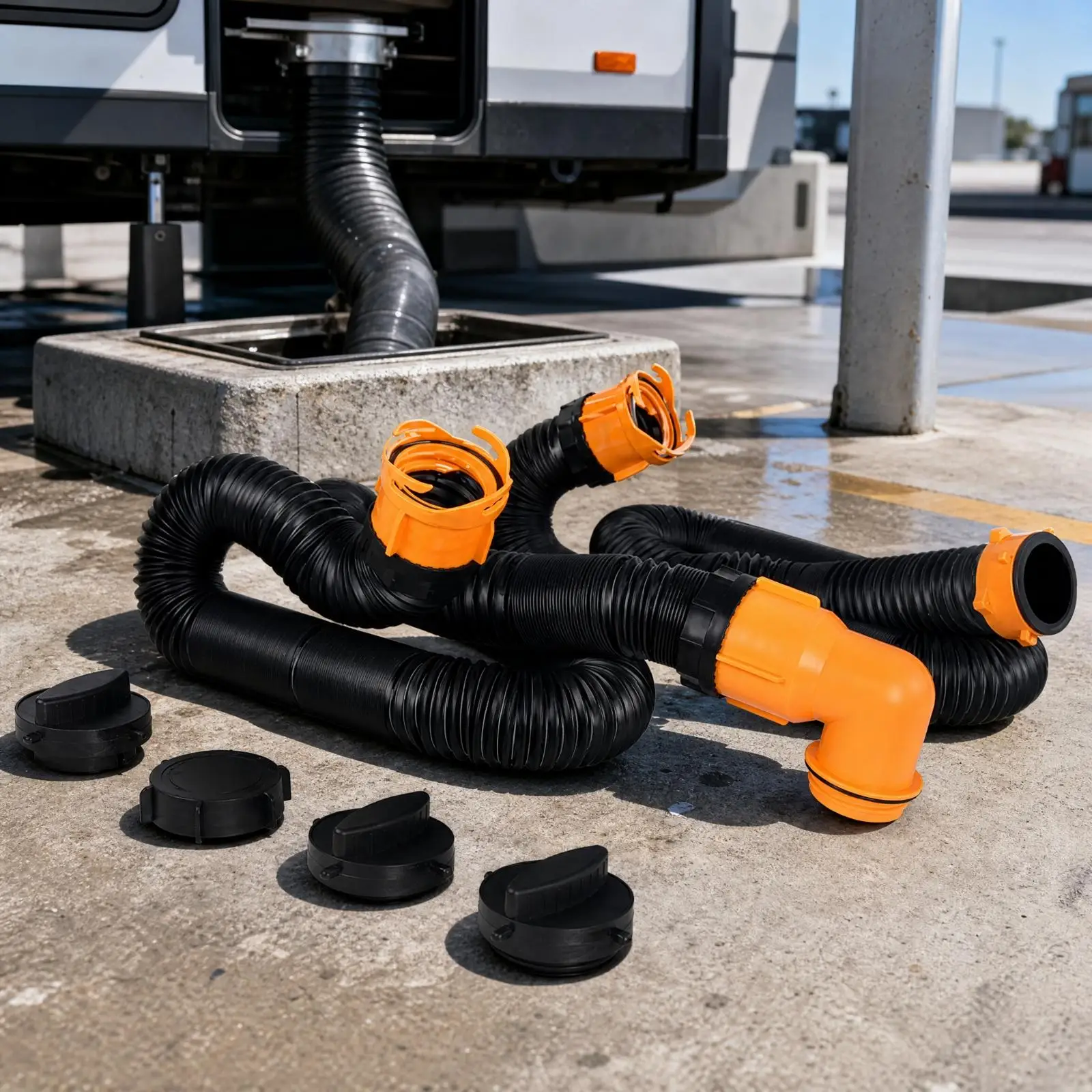 RV Wastewater Drain Hose Extension with Orange Connectors for Motorhome Sewage Tank and Camping Use