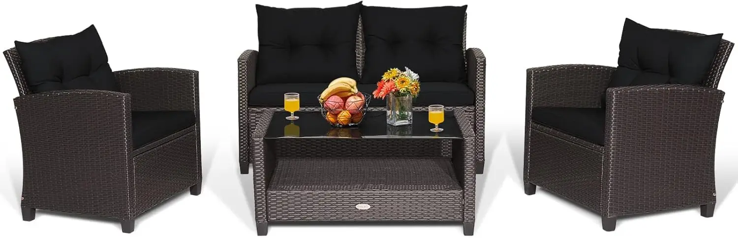 

4 Piece Patio Furniture Set Rattan Wicker Chair Set with 1 Loveseat 2 Single Sofas 1 Coffee Table with Tempered Glass Top