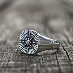Nautical Biker CZ North Star Compass Signet Ring For Men  Hip Hop Punk Cross Stainless Steel Vintage Party Jewelry
