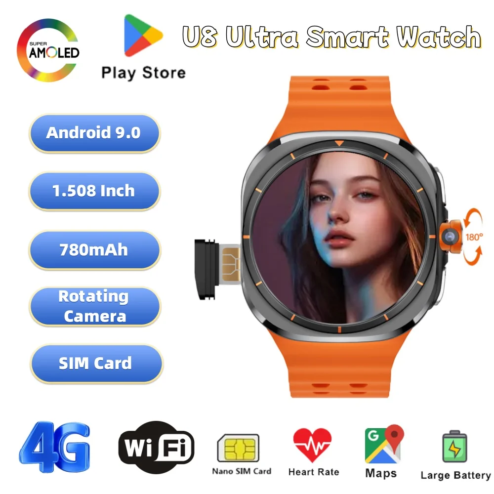 

НОВАЯ SIM-карта U8 Ultra Android 4G 1,508 дюйма AMOLED GPS WiFi Глобальный видеовызов Google Play Поворотная камера 200 Вт Смарт-часы