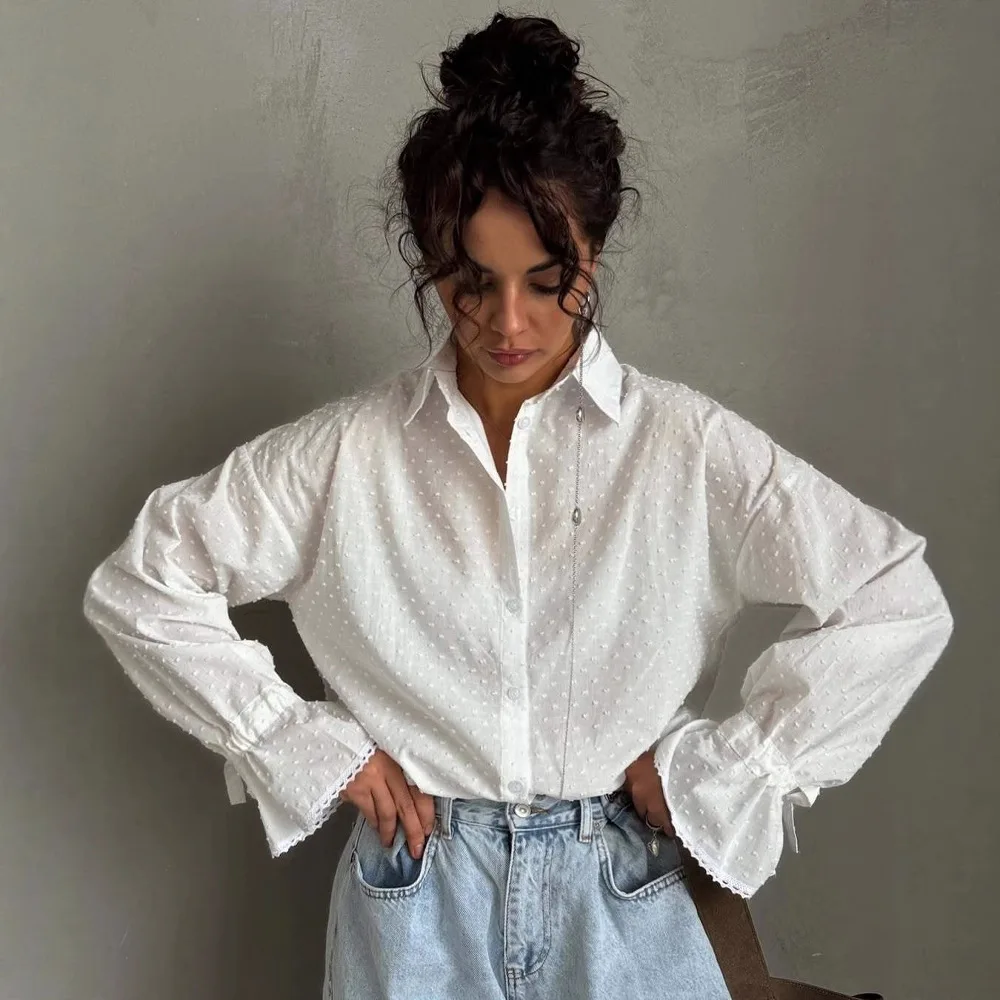 Ladies Elegant White Swiss Dot Button Down Shirt, Lace Trim Flare Sleeve Oversized Blouse for Daily and Office Wear