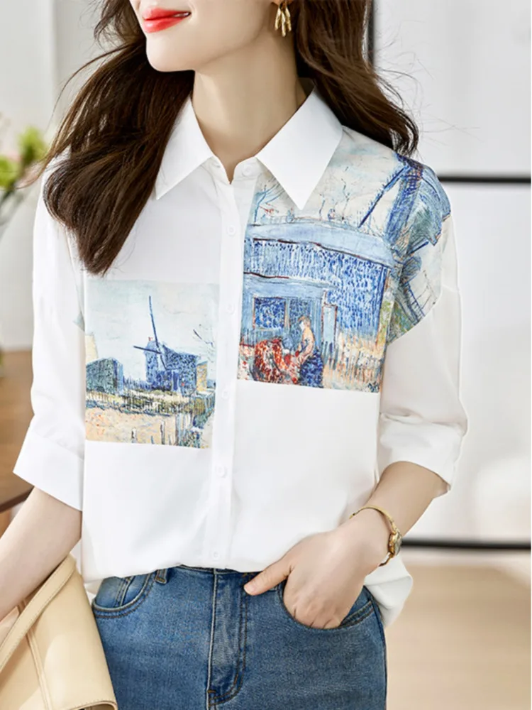 #3141 White Shirt Women Loose Printed Chiffon Shirts Blouse Femme Half Sleeve Thin Sexy Vintage Womens Tops And Blouses Summer