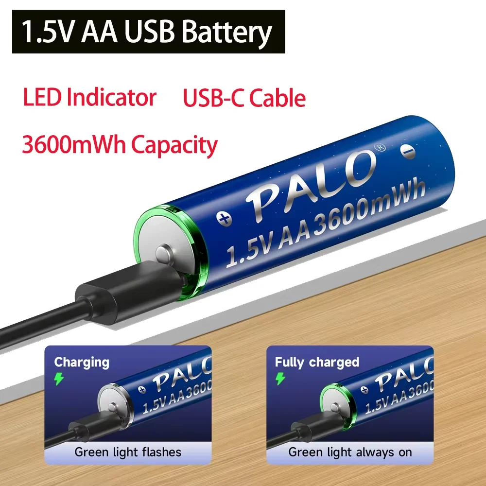 

PALO AA Rechargeable Li-ion Batteries 1.5V 3600mWh 100% Capacity USB 2A Cell Lithium ion Battery for Remote Control Toys + Cable