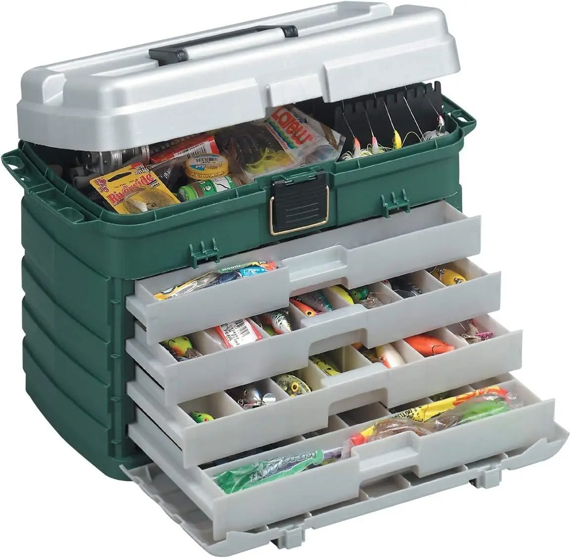 

4-Drawer Tackle Box Green Metallic/Silver ,One Size，Four removable bait racks provide added storage versatility Side tool stora