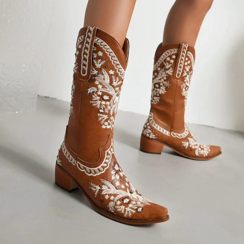 IPPEUM Bota Texana Country Feminina Embroidered Mid Calf Cowgirl Western Shoes Brown Cowboy Boots Womens