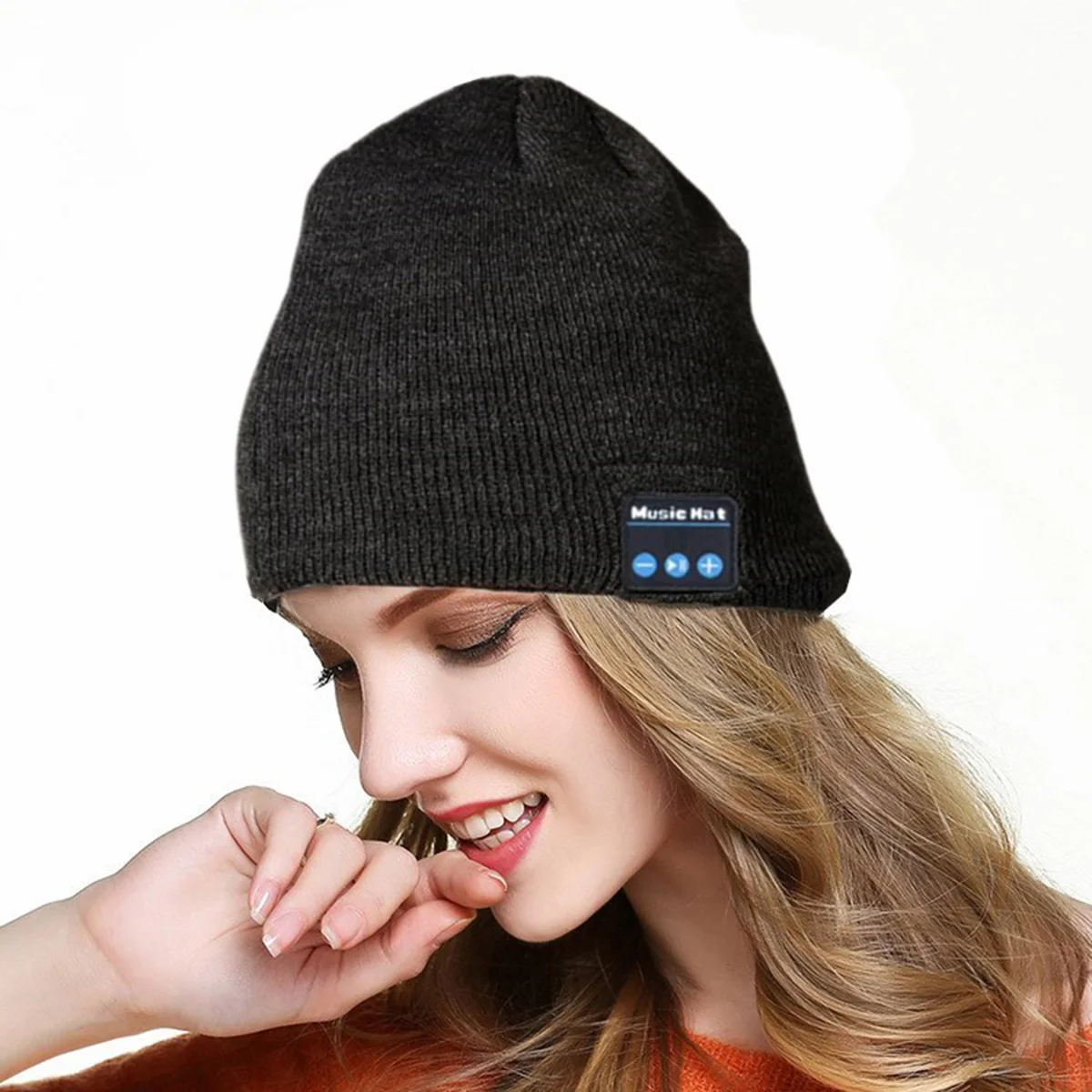 

Music Knitted Beanie Hats Dark Grey Wireless Mic Headphone Cap Autumn Winter Unisex Team Sports Keeps Warm Acrylic