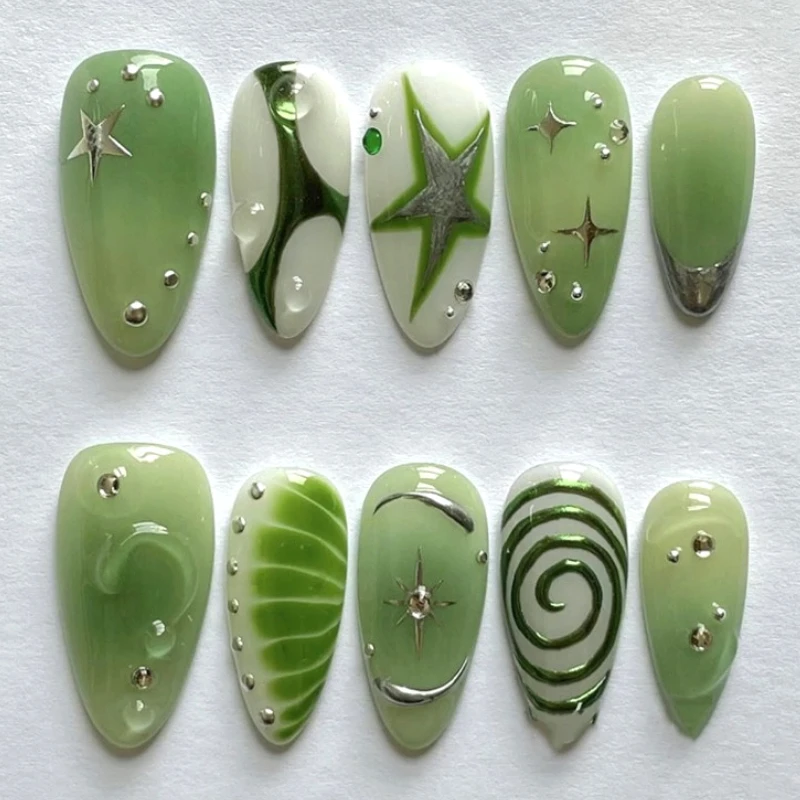 

Silver Green Stars Halo Dyeing French Rhinestone Nail Art Y2K Fashion False Nails Detachable Finished Fake Nails Press on Nails