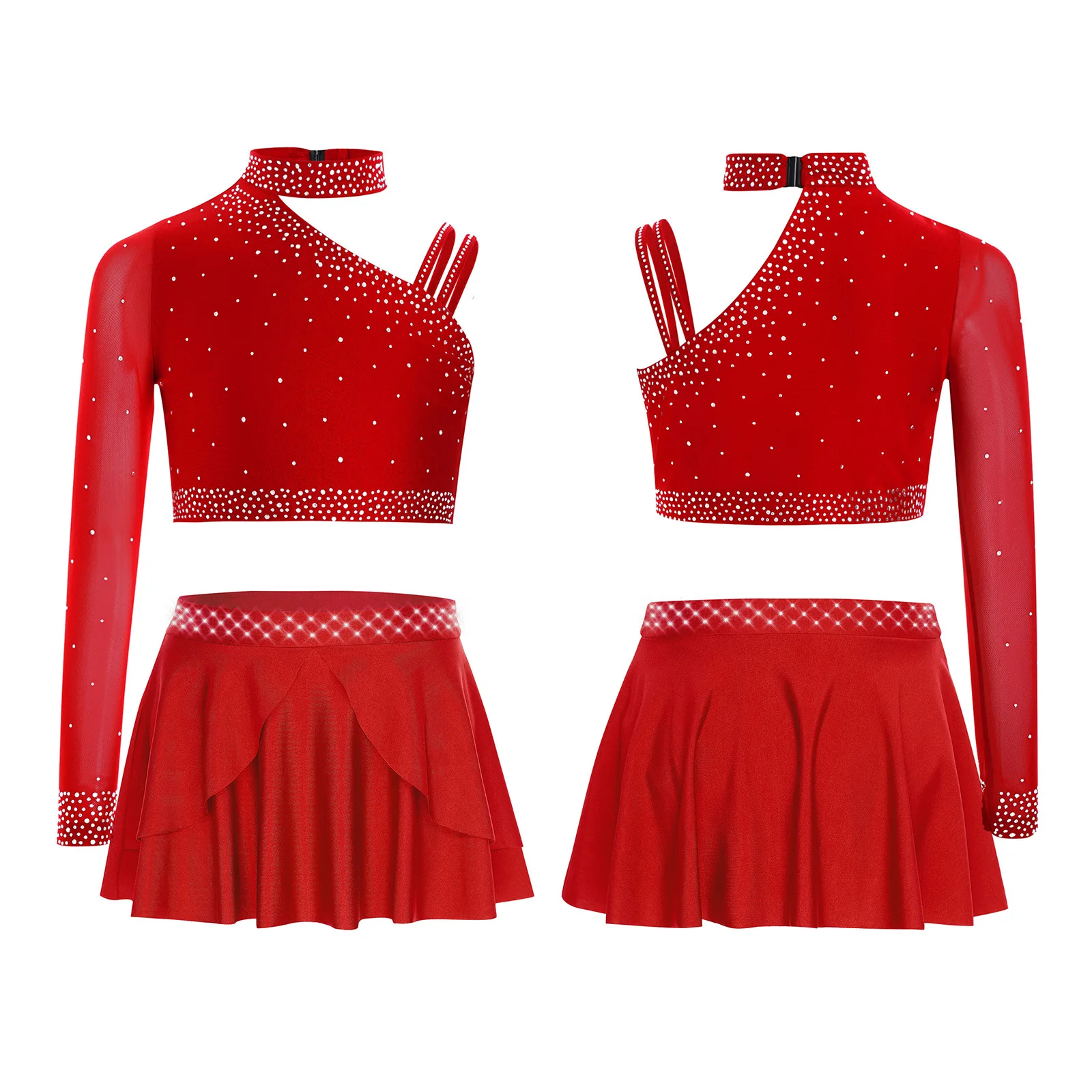 

‌Girl's Sparkling Rhinestone Lyrical Dance Top Set Asymmetrical Shoulder Sheer Mesh Sleeve with Irregular Hem Skirt for Shows