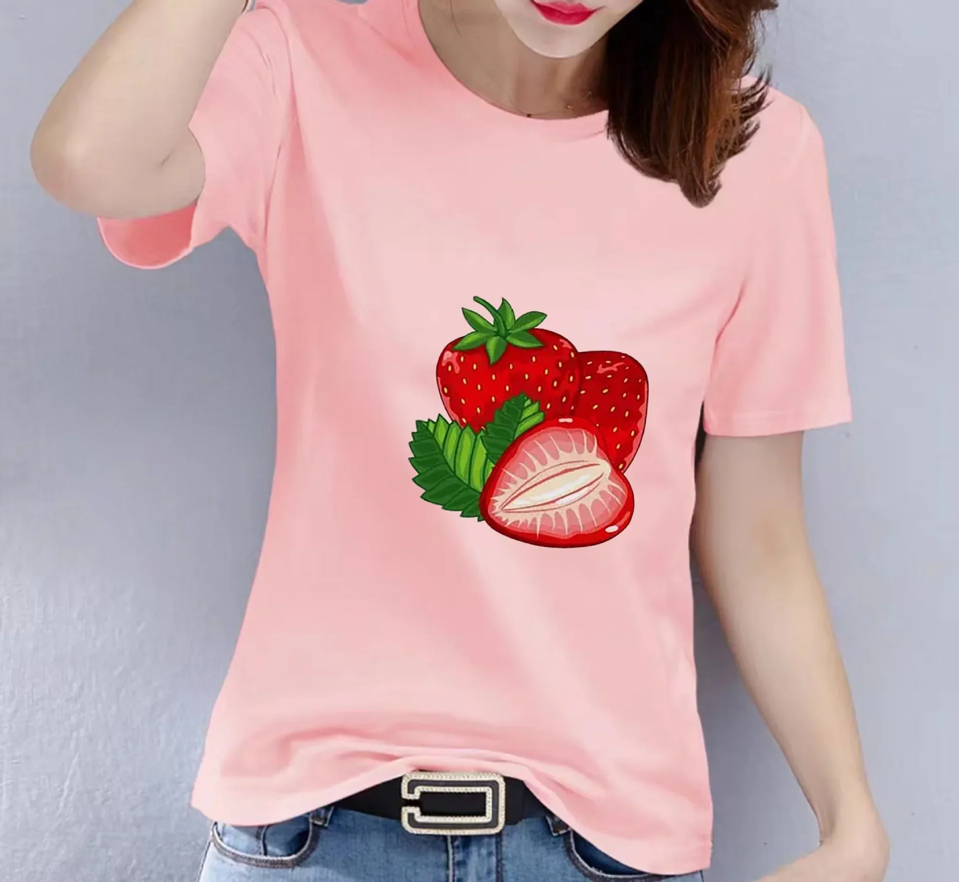 COTTON 100% Female Casual Loose Lazy Wind Top Fruit Strawberry Print Short Sleeve Fashion Tees  Oversized T Shirt  Tops