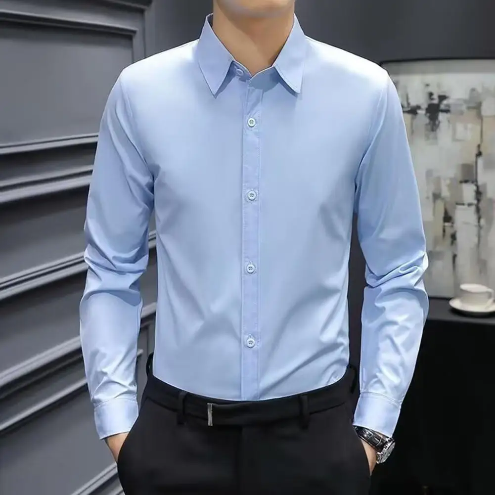 2026 Men Formal Shirt Business Style Turn-down Collar Long Sleeves Single-breasted Solid Color Office Meeting Shirt