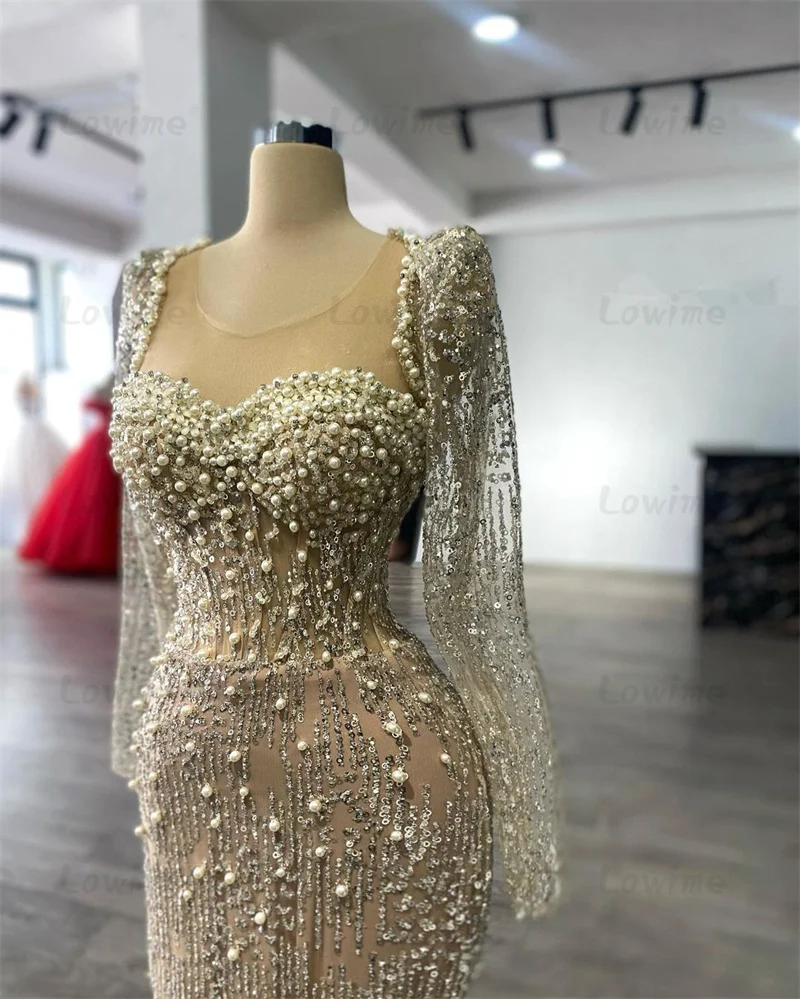 Elegant Long Sleeves Beading Evening Dresses Mermaid Pearls Prom Birthday Engagement Thanksgiving Gowns 2024 Wedding Party Dress