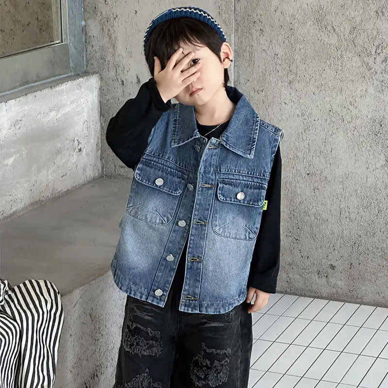 2025 New Boys Spring Autumn Denim Vest Cartoon Style Baby Boy Autumn Waistcoat Trendy Outerwear