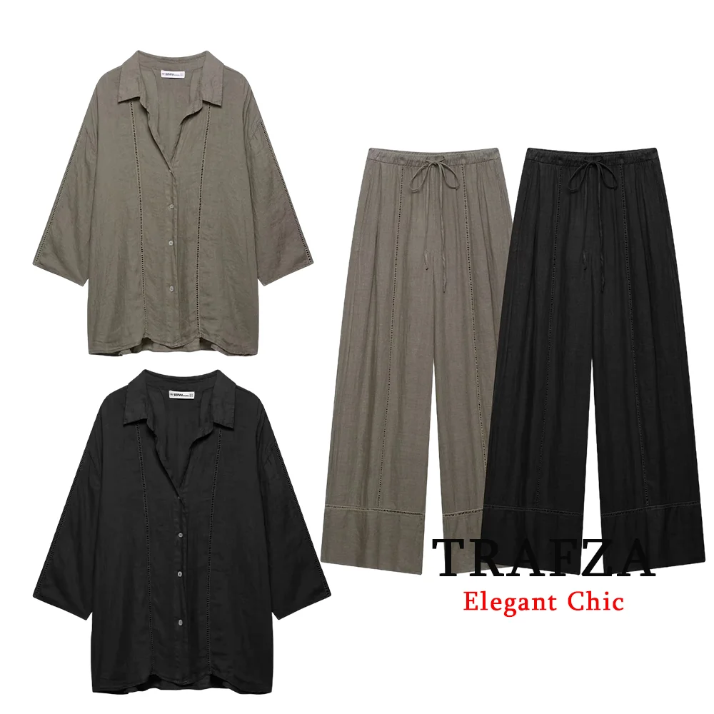 

TRAFZA Casual Chic Women Set Single Breasted Turn-down Collar Shirt Or Long Pants 2025 Fashion Summer Holidays Commute Mujer Set