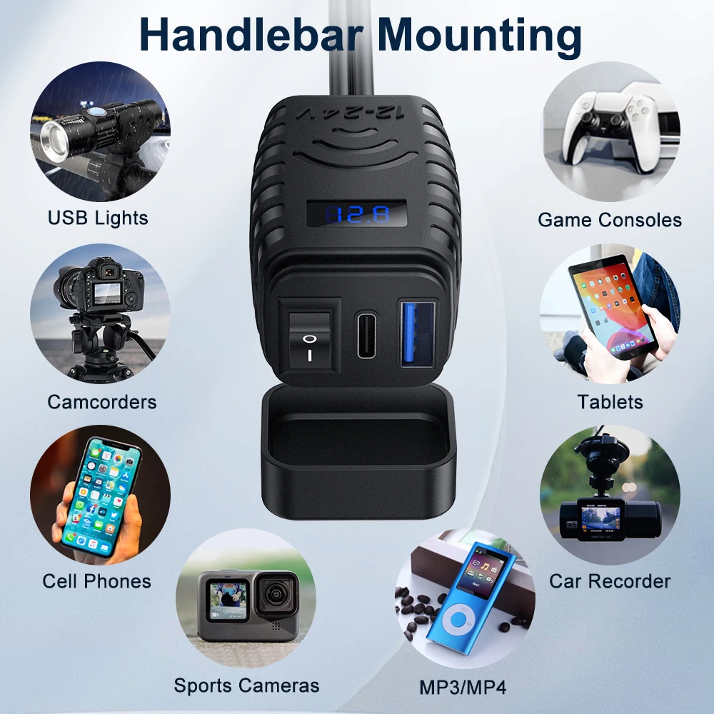 Motorcycle Phone Charger Waterproof Motorcycle USB Charger Socket with Voltmeter & ON/Off Switch for Phone, Tablet, GPS