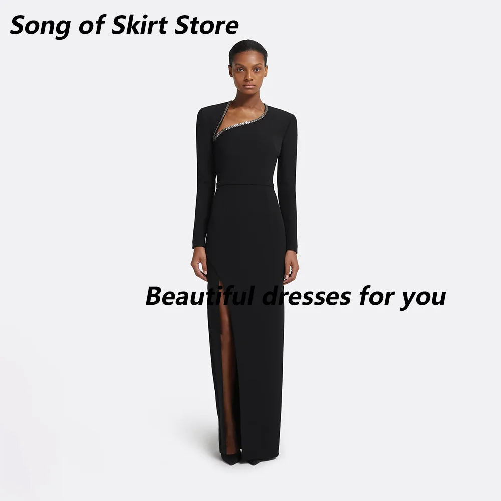 

Black Prom Dresses for Women V-Neck Long Sleeves Sequin Straight Formal Party Gowns Thigh Slit Evening Dress Long Customized