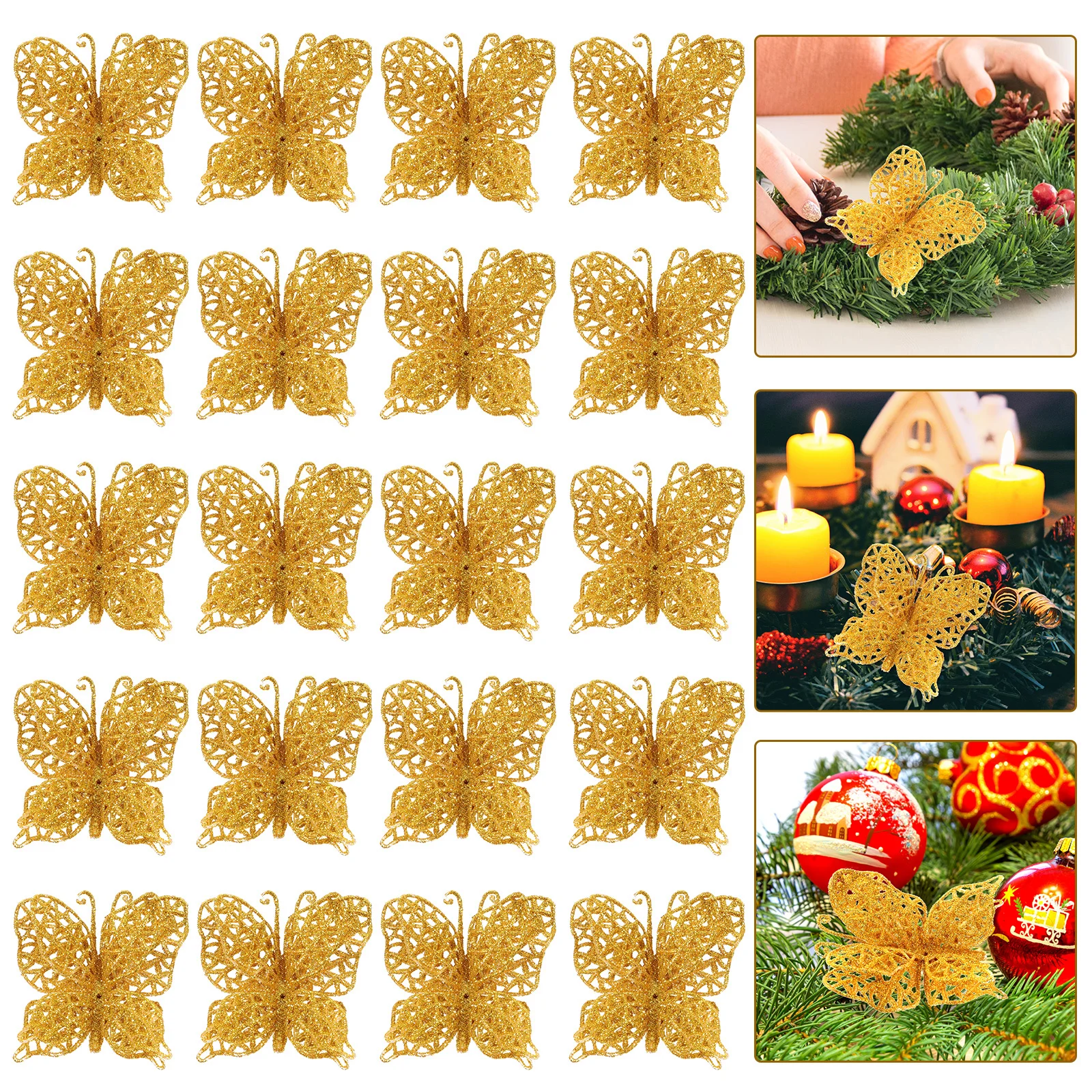 

24Pcs Christmas Tree Butterfly Decorations Glitter Hollow Lifelike DIY Ornaments Christmas Tree Butterfly Xmas Fake Butterflies