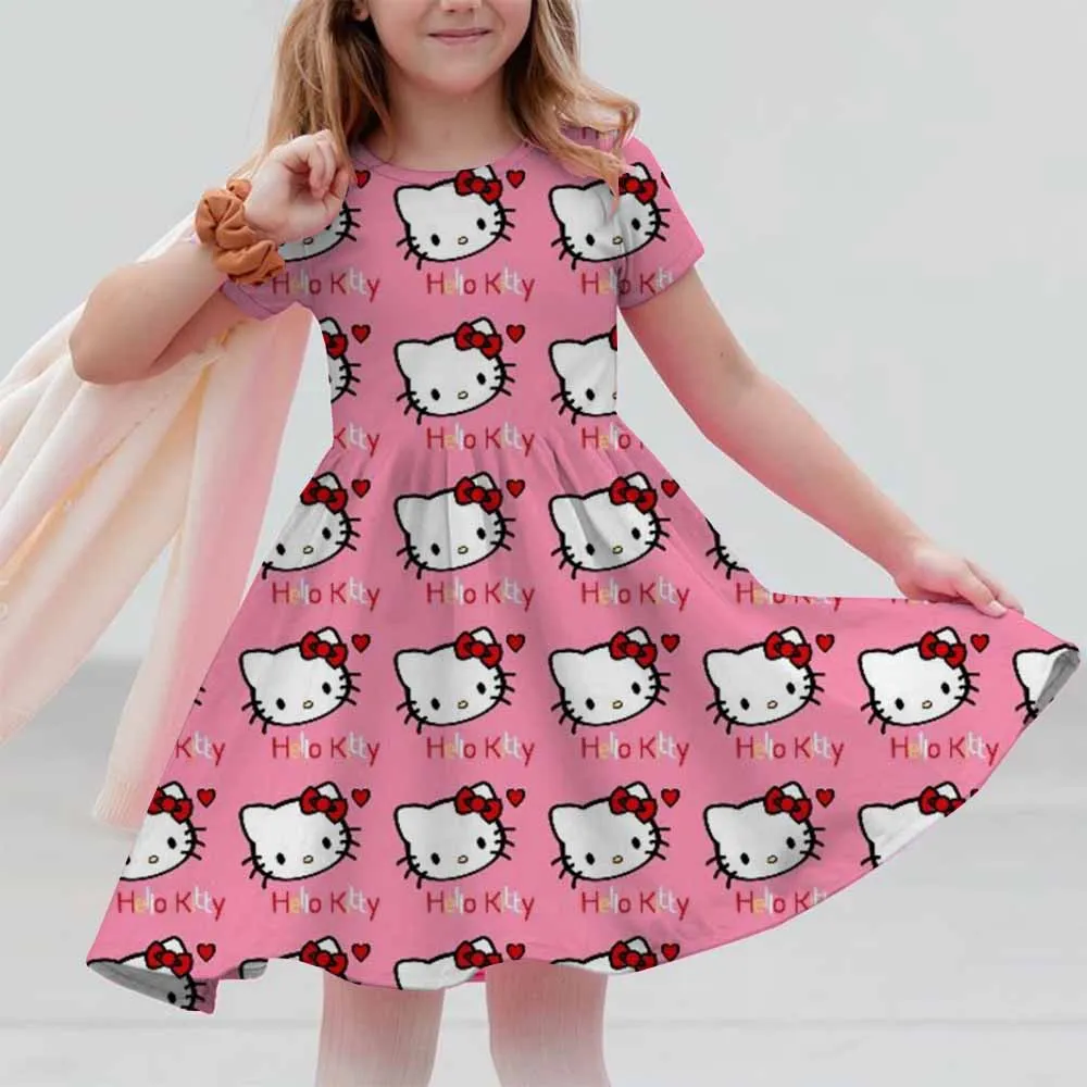 Miniso Cute Hello Kitty 3D Print Girls Short Sleeve Dress Children’s Summer Cool Clothing Soft Skirt Kids Nightgown Camping Gift