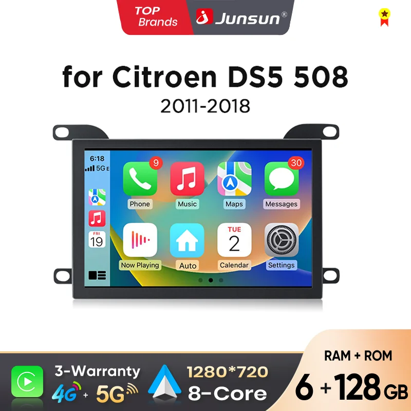 Autoradio Junsun 7' con CarPlay Wireless e Android Auto per Citroen DS5 508 2011 2012 2013 2014 2015-2018, sistema multimediale intelligente con Apple CarPlay wireless, schermo IPS touch, lettore