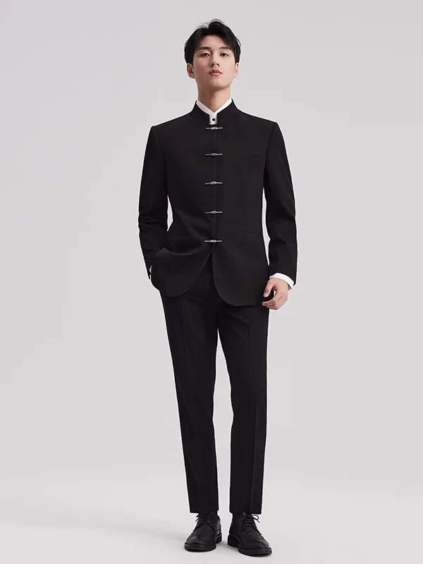 Thin New Chinese Style Wedding Suit Set for Men with Stand Collar Button Decoration Casual Western Clothes Autumn Season