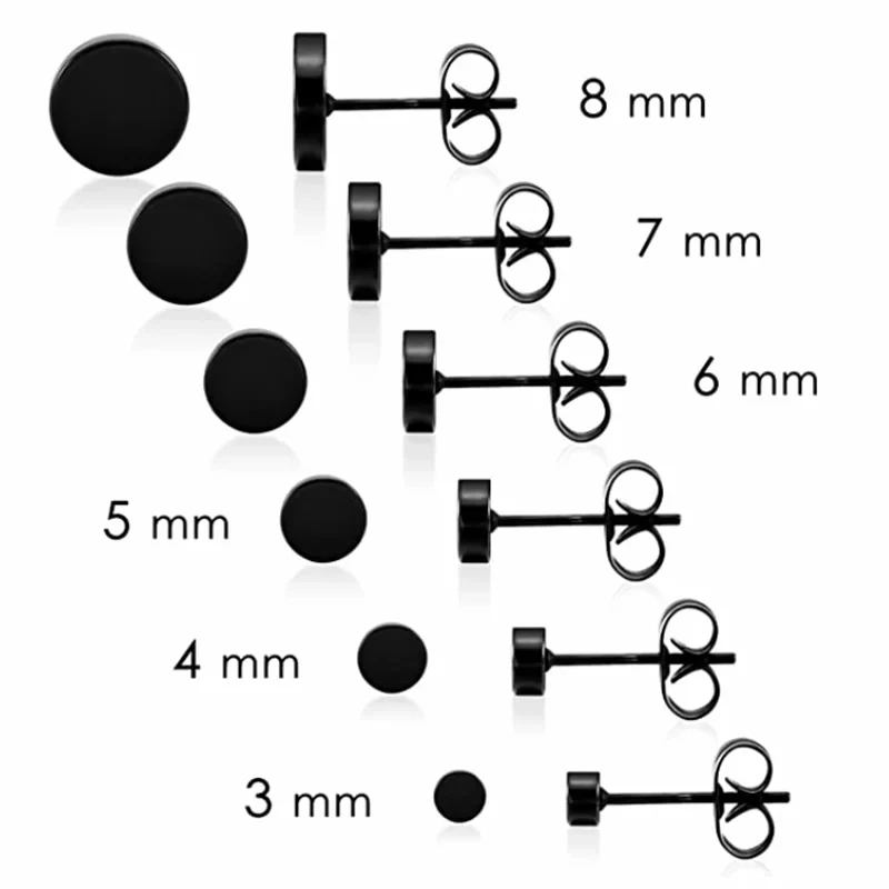 1Pair Stainless Steel Round Black Ear Studs Men 3-8mm Punk Stud Earring For Men Push Back Stud Earring For Women Men Jewelry