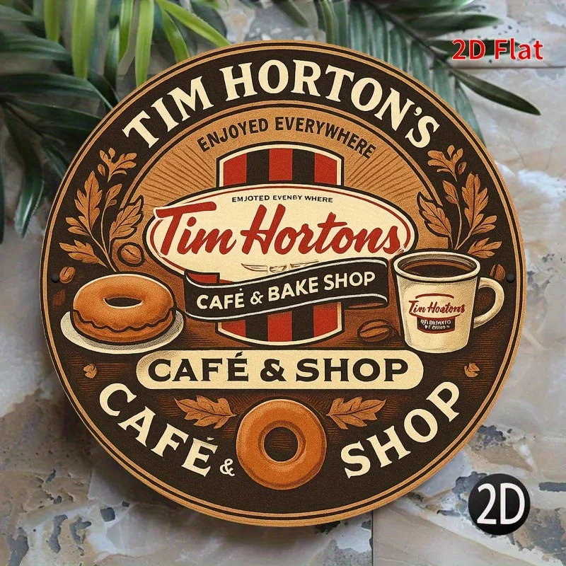 Letrero redondo de aluminio de 1 pieza con diseño plano 2D de Tim Hortons Cafe & Bakery Shop - Decoración artística vibrante inspirada en la naturaleza para sala de estar, dormitorio