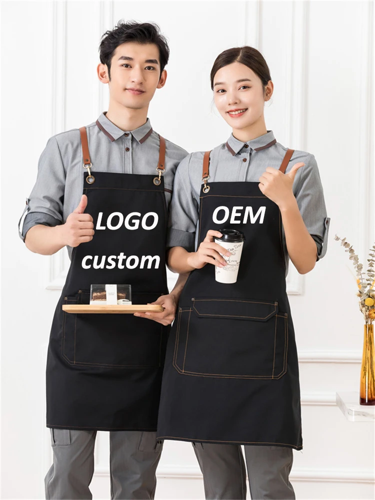 New Waiter Apron Custom Logo With Big Pocket Men Chef Baking Cooking Grill Bib Aprons Nail Beauty Hair Cutting Salon Women Smock