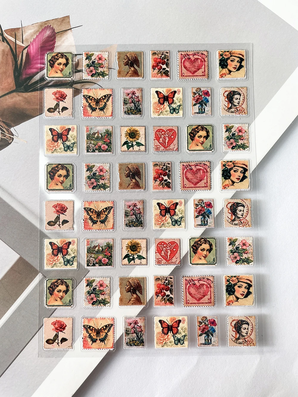 الرجعية Stamps بطاقة بريدية ملصقات الزخرفية Diy بها بنفسك الكلاسيكية زهرة العمارة الحيوان مسمار ملصقات سجل القصاصات ذاتية اللصق المنزلق #3