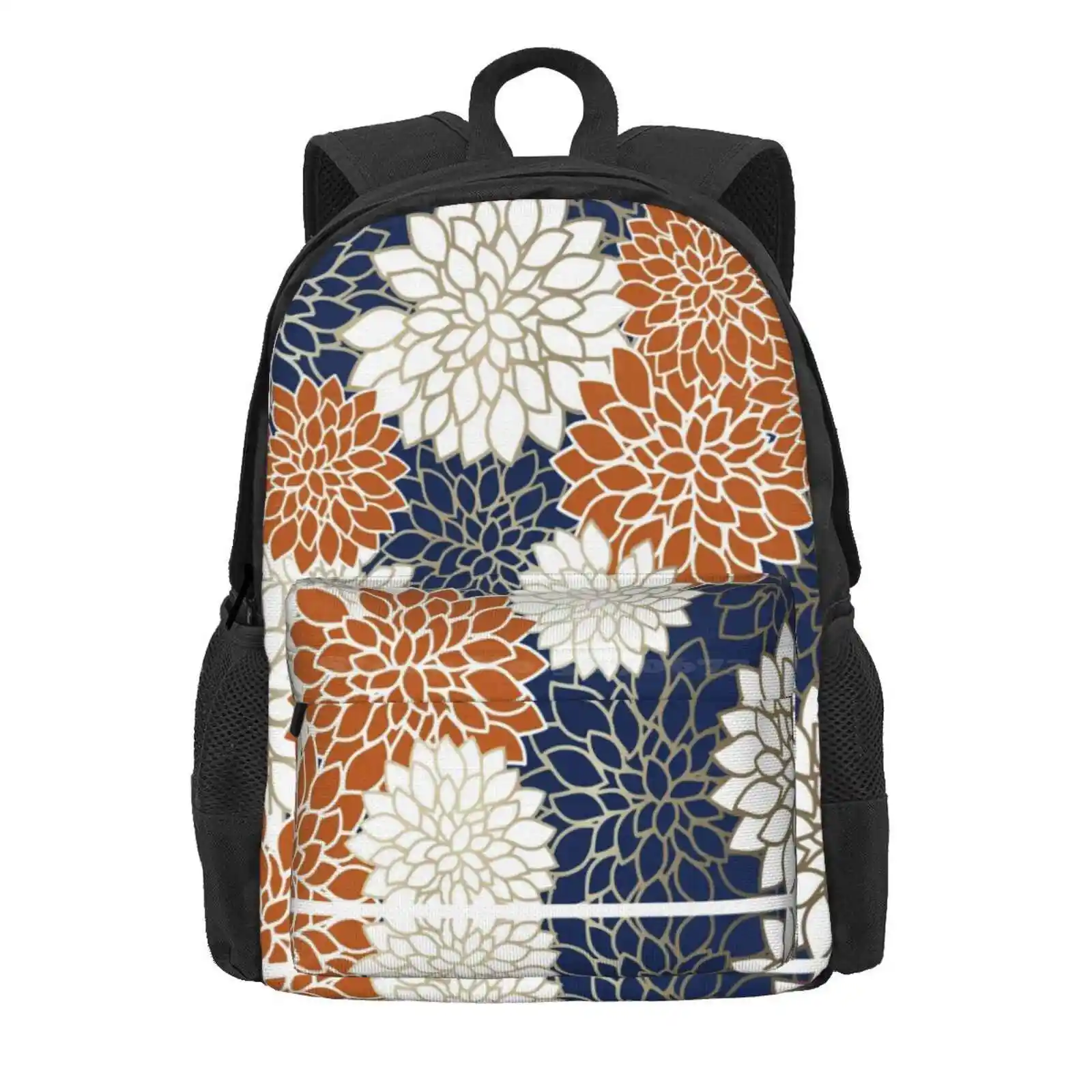 Dahlia Floral Blooms, Navy, Terracotta, Gold And White Hot Sale Schoolbag Backpack Fashion Bags Nature Spring Pattern Graphic