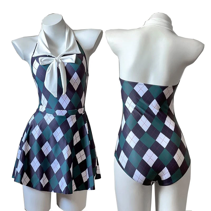 

Bow Plaid Swimwear Halter Tender Bikini Set College Summer Retro Casual Vacation Backless Ulzzang Women's Swimsuit Two-piece Set