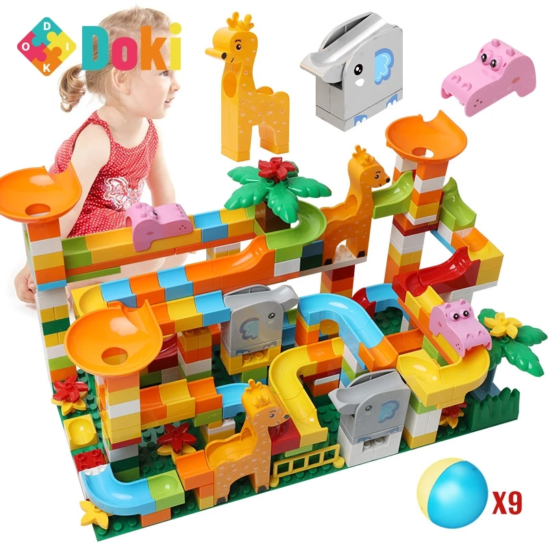 

Doki Toy DIY Compatible Marble Race Run Slide Big Building Blocks City Funnel Maze Balls Animal Figures Bricks Toys for Children