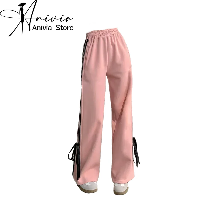 Women's Pink Pants Vintage Harajuku Y2k Aesthetic Retro Striped Bow Sweatpants Oversize High Waist Baggy Trousers 2000s Clothes