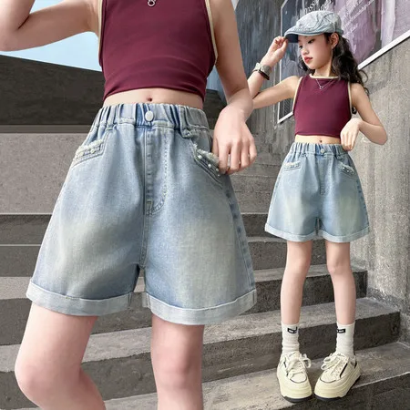 Girls Denim Shorts Outer Wear Summer Thin 2026 New Summer Outfit Girl Viral Raw Edge Beaded Kids Pants