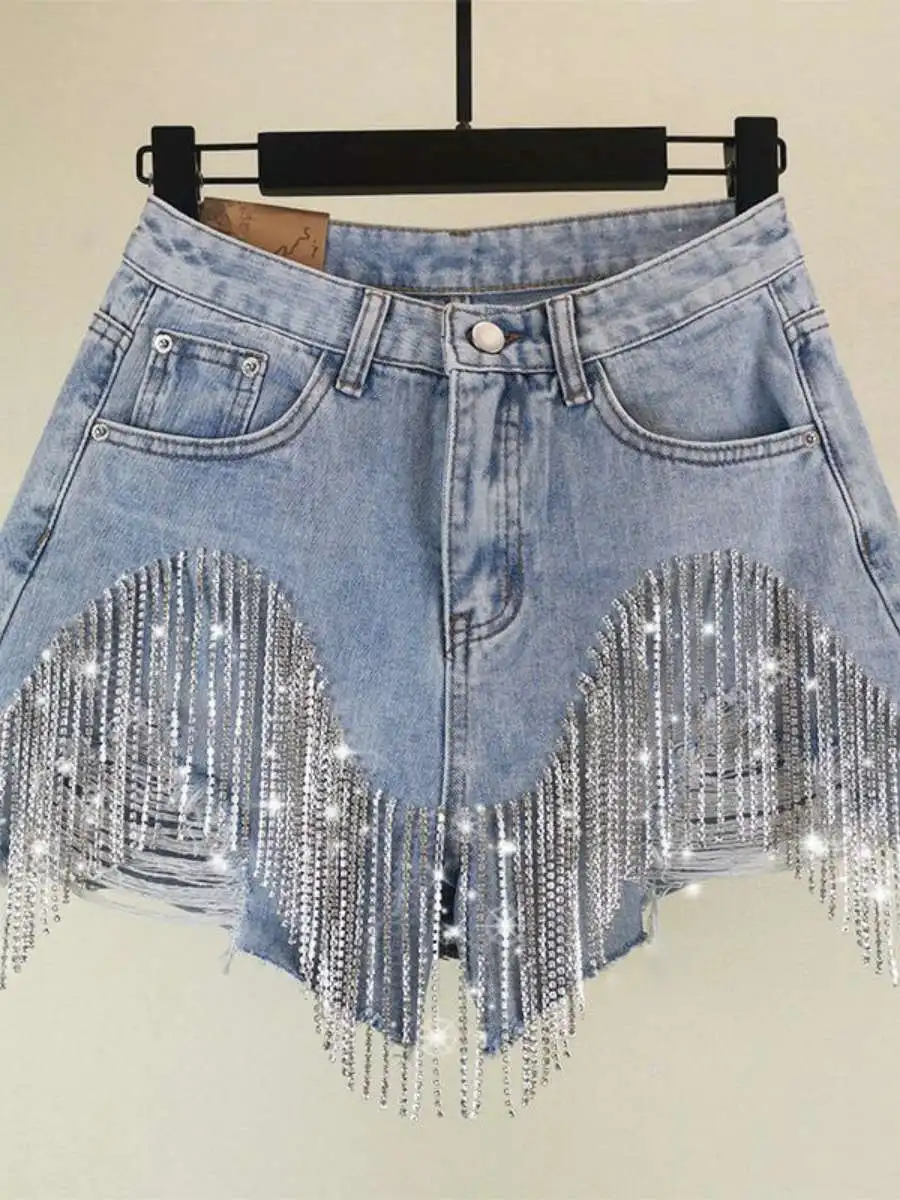 

Fashionable Ladies Short Jeans Shorts with Fringe And Hole Design Sexy Summer Casual Loose Fit Blue Denim Skirt