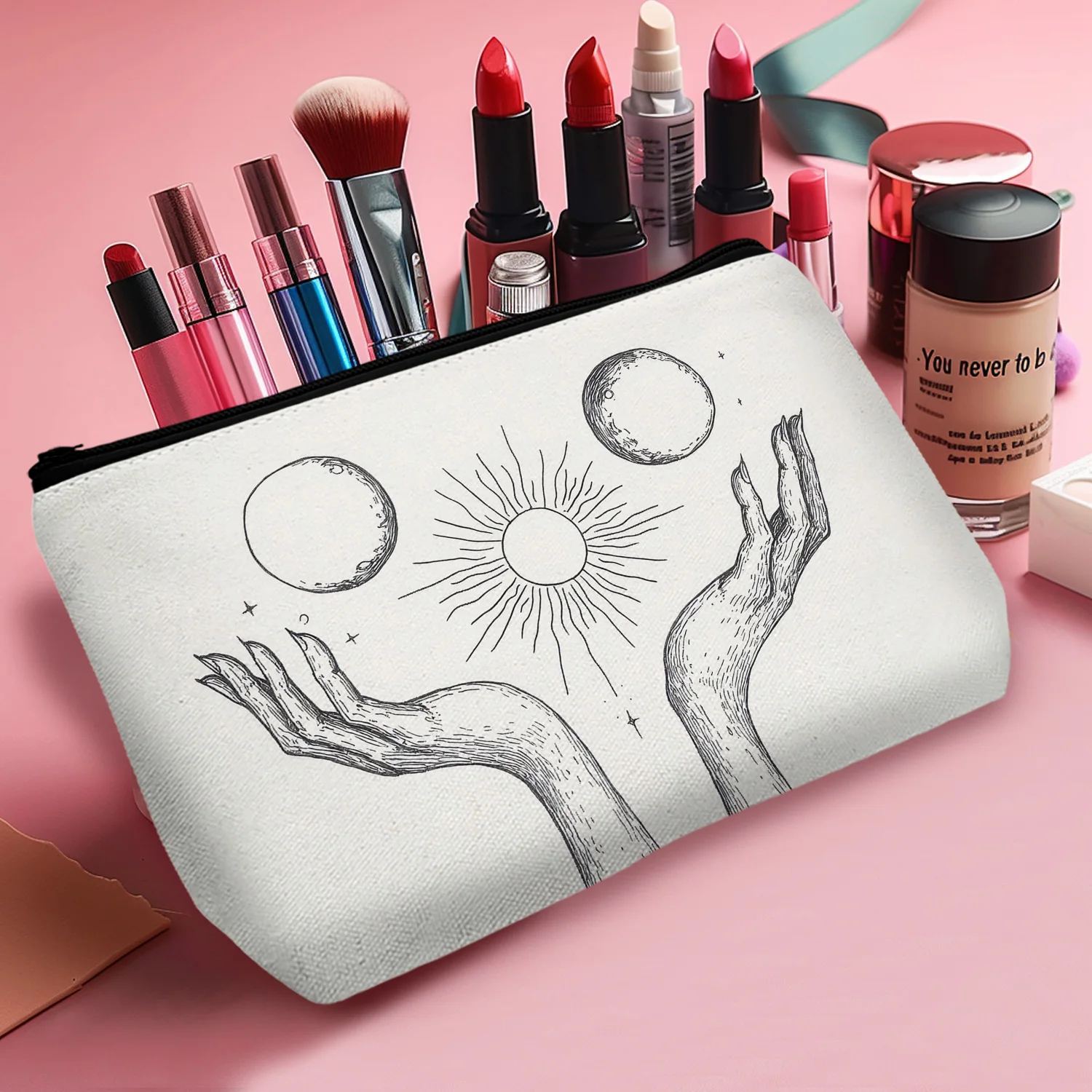 1Pc Mystical Moon And Sun Cosmetic Bag Multifunctional Durable Fashion Women'S Cosmetic Bag Suitable For Daily And Travel